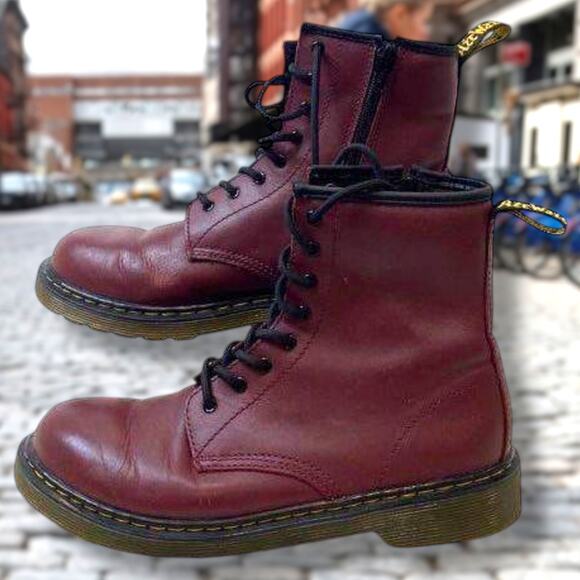 Dr. Martens Shoes - Women's Size 7 DR. MARTENS Red Leather Lace Up Side Zip 1460Y Combat Boots EUC